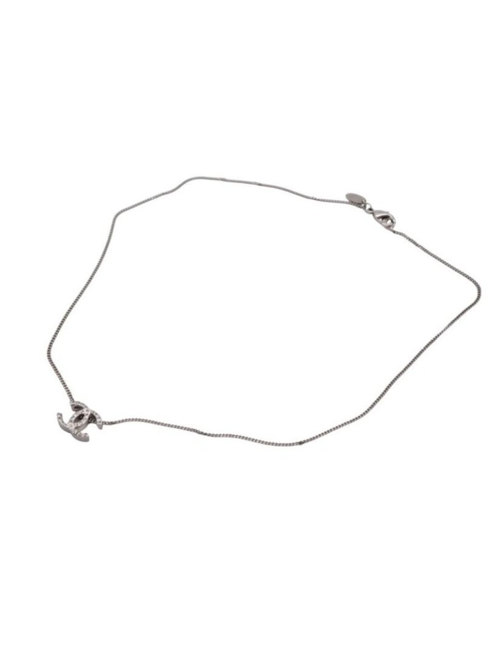 Chanel CC Logo Double Sided Rhinestone Necklace 10 44 Silver Metal